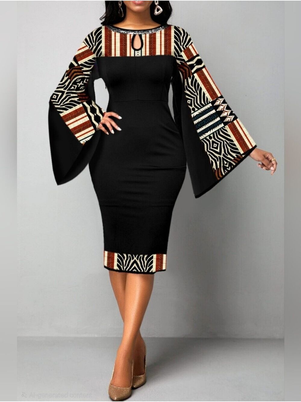 Black Boho Tribal Print Bell Sleeve Maxi Dress Size Small NWOT